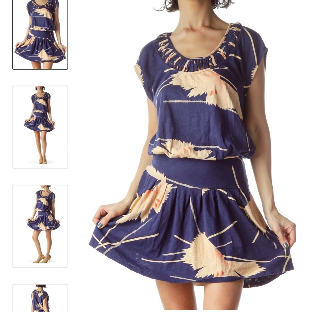 Leifnotes Anthropologie Navy Blue Light Peach Floral Print Day Dress Medium